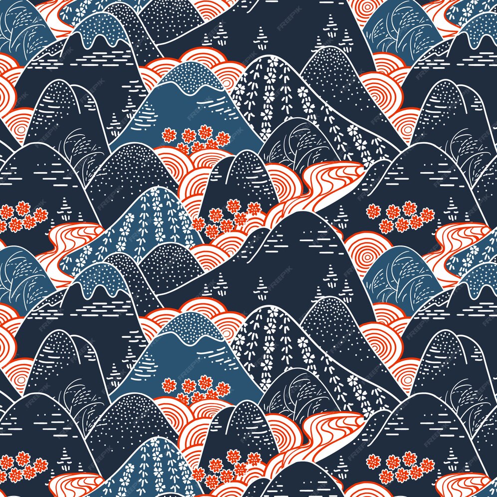 Premium Vector | Oriental mountains kimono fabric seamless pattern