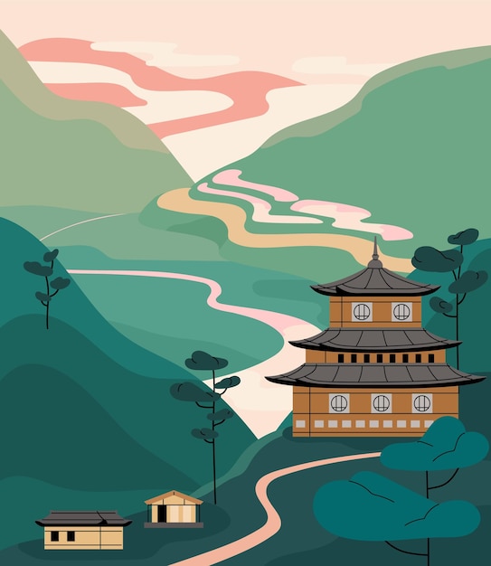 Vector oriental nature tea plantations river in green mountain valley asia landscape china architecture traditional old buildings chinese pagoda summer countryside of japan flat vector illustration