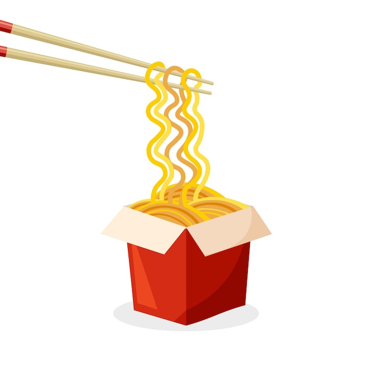 Vector oriental noodle dish. traditional asian noodles with chopsticks. korean, chinese and japanese food.