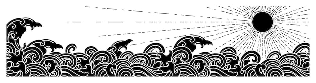 オリエンタル海海嵐波シルエットワイドスクリーン壁紙ベクトルイラスト。