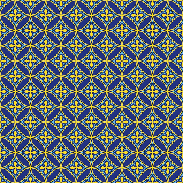 青と黄色のオリエンタルシームレスパターン。カラフルな東の飾り。