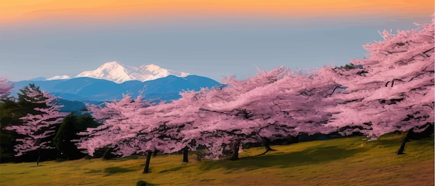 ベクトル 丘の太陽と山の桜の花を持つ東洋の春の背景日本庭園