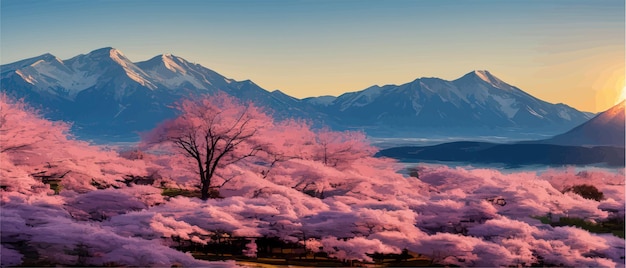 丘の太陽と山の桜の花を持つ東洋の春の背景日本庭園