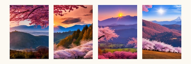 ベクトル 丘の太陽と山の桜の花を持つ東洋の春の背景日本庭園