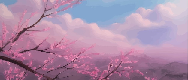 Vector oriental spring background with hills sun and mountain sakura blossoms stock japanese garden