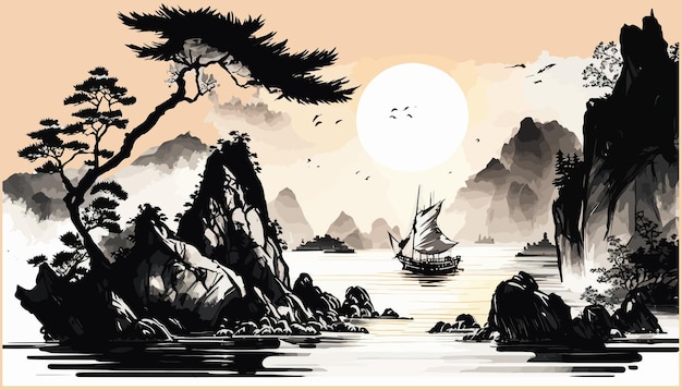 Вектор Восточный морской пейзаж восхода солнца с рыбацким парусником в традиционном восточном минималистичном японском стиле векторная иллюстрация
