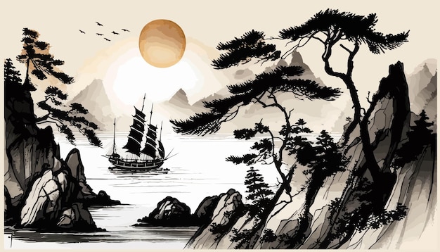 Oriental sunrise seascape with fishing sailboat in traditional oriental minimalistic Japanese style Vector illustration