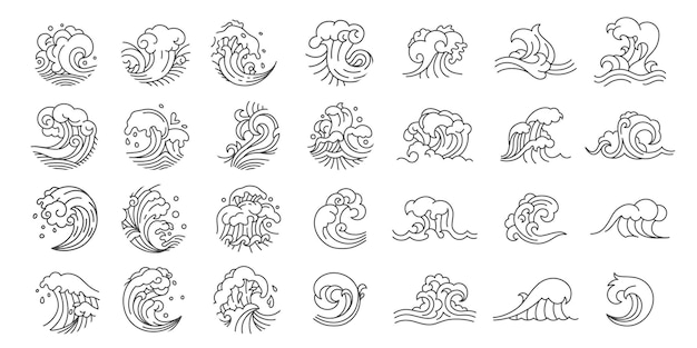 Oriental waves icons chinese indian japanese arabic and latin american traditional ornamental waves decorative outline asian ripple pattern vector set