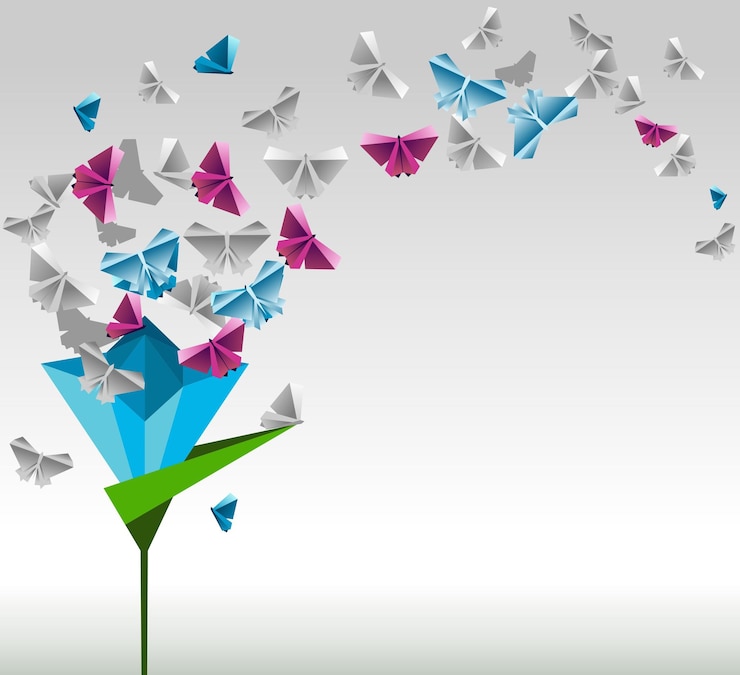 Vector origami abstract background paper butterflies and flower