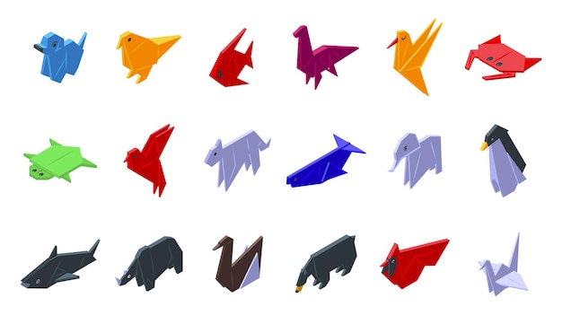 Origami animals icons set isometric vector paper polygon