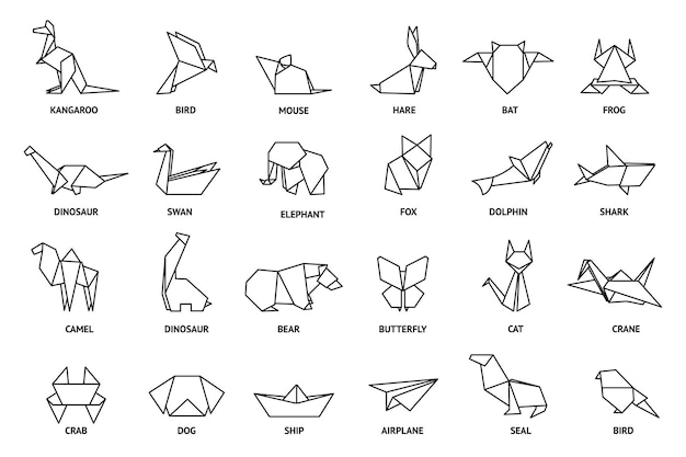 折り紙の動物 紙の数字 鶴 鳥のアイコン キツネと犬の折り畳まれた形 幾何学的な猫とイルカ 日本の白鳥のシルエット 飛行機と船 現代の趣味 ベクトルの抽象的なおもちゃセット
