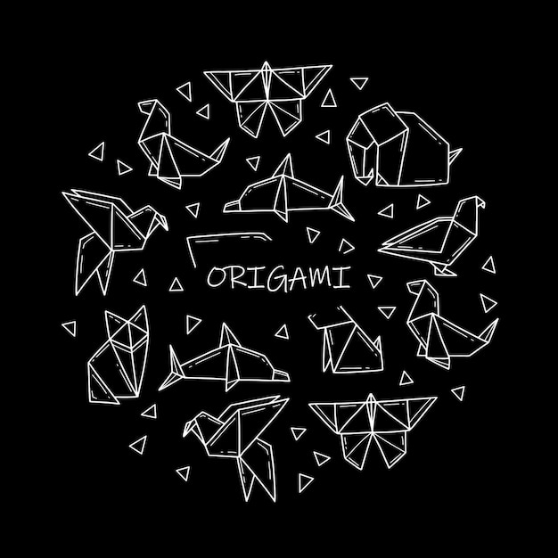 Animali origami a forma di cerchio in stile doodle illustrazione vettoriale isolata