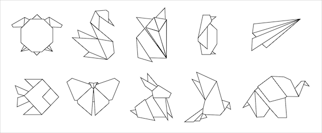 오리가미 동물, 터 일러스트레이션, 동물 오리거미 종이, 종이 예술 일러스트レー션, 오리그미 아이콘 세트