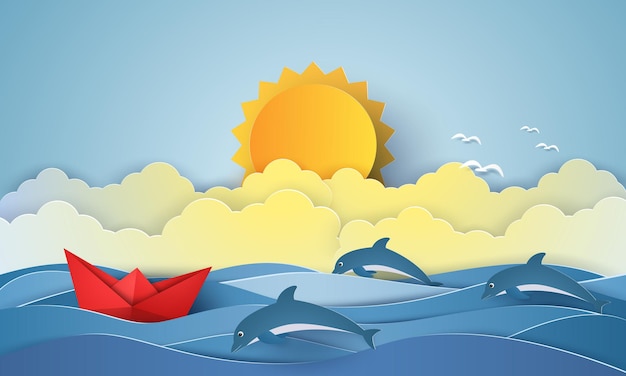 종이 접기 보트 항해와 돌고래 수영 및 종이 예술 스타일의 밝은 태양