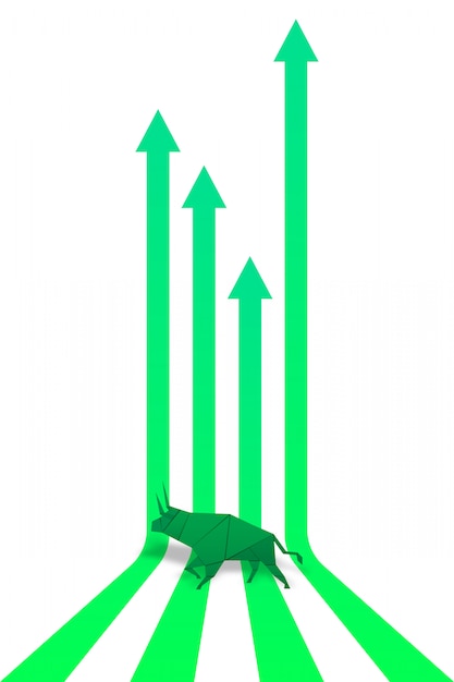 Origami Bull-document kunst en groene pijldocument kunst voor effectenbeursvector en illustratie