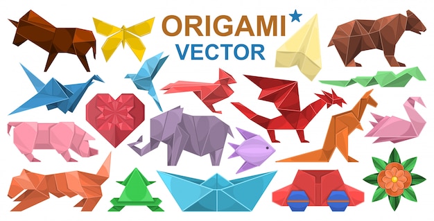 Vector origami cartoon set icon. illustration paper animal on white background. isolated cartoon set icon origami.