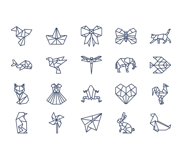 Origami en papier ambachten icon set