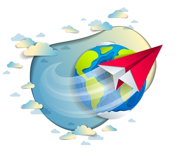 Origami folded toy plane flying around the cartoon paper cut earth with beautiful clouds, vector modern style 3d illustration isolated on white background.