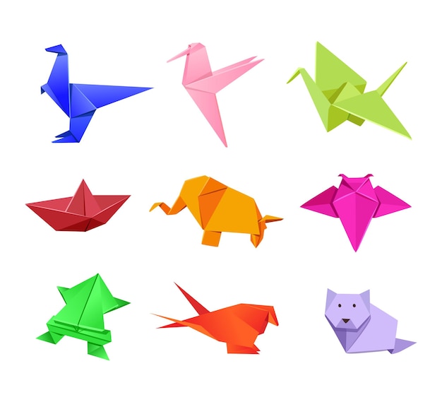 Vector origami japanese animal illustrations set in cartoon style