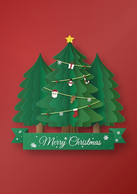 크리스마스 트리, 종이 예술 디자인 및 공예 스타일로 만든 종이 접기. 메리 크리스마스 개념.