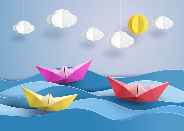 Vector origami made colorful paper sailing boat