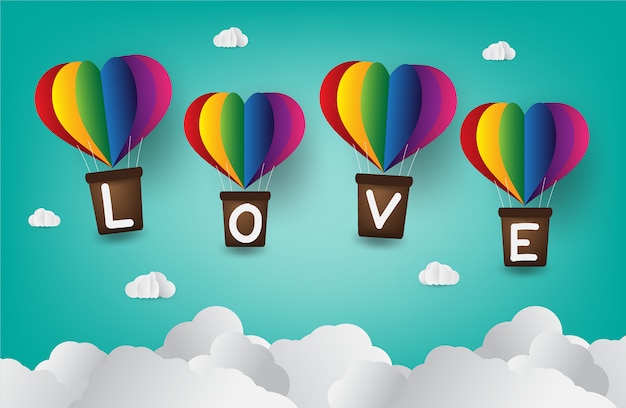 Vector origami made hot air balloon in a heart shape. love