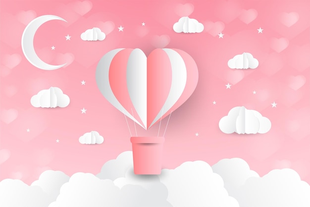 Origami made hot air balloon in a heart shape paper art style valentine day