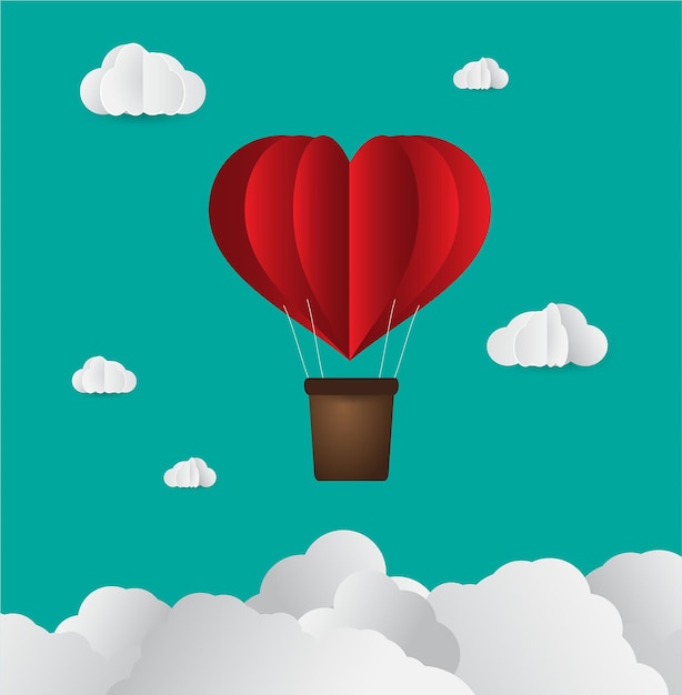 Origami made hot air balloon in a heart shape paper art