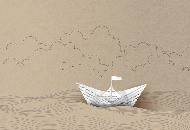 Barca a vela di carta fatta con origami. disegno a mano e taglio della carta.