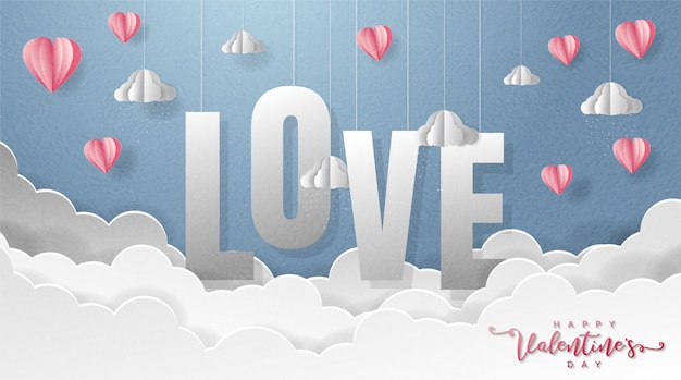 Origami paper art background with red  heart balloons and fluffy clouds.