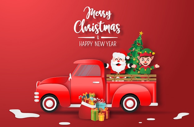 Origami paper art of Christmas red truck with Santa Claus and Elf