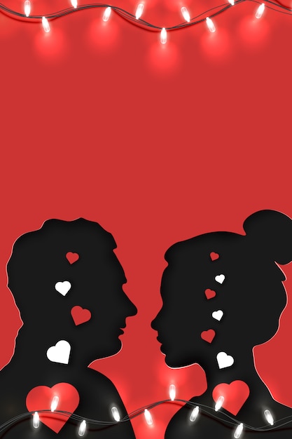 Vector origami paper art of couple in love stands opposite each other with empty space for your copy, on red  . suitable with invitation, poster, greeting card.