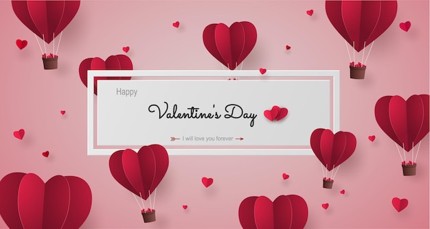 Vector origami paper balloon heart shape red color flying on the sky with label valentine's day.