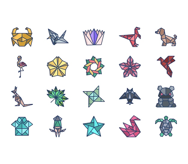 Origami and paper crafts icon set