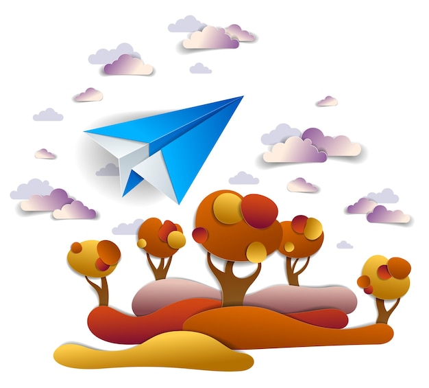 Origami paper plane toy flying in the autumn sky over red and yellow meadows and trees, perfect vector illustration of scenic fall nature landscape with toy jet take off, airlines air travel theme.