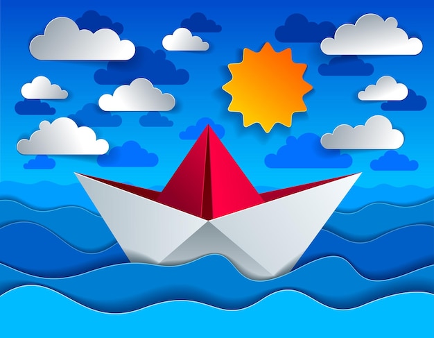 Origami paper ship toy swimming in curvy waves of the sea and clouds with sun in the sky, beautiful vector illustration in paper cut style.