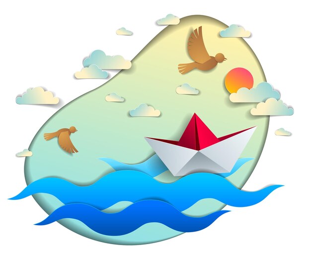 Giocattolo di nave di carta origami che nuota nelle onde dell'oceano, bella illustrazione vettoriale di paesaggio marino panoramico con barchetta giocattolo che galleggia nel mare e uccelli nel cielo. viaggi in acqua, vacanze estive.