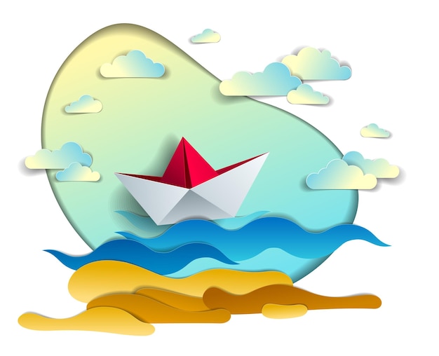 Origami paper ship toy swimming in ocean waves, beautiful vector illustration of scenic seascape with toy boat floating in the sea and clouds in the sky. Water travel, summer holidays.