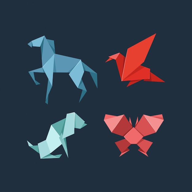 Vector origami pet and wild animal set