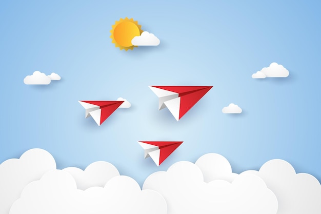 Origami planes flying in the sky in paper art style