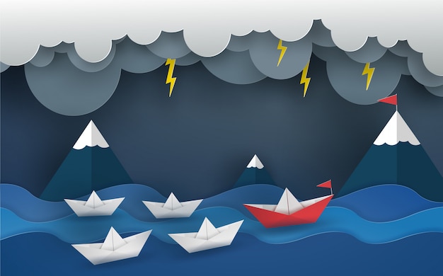 Origami rode boot en team in de oceaan op de golf met storm. vector illustrator ontwerp in papier gesneden concept.