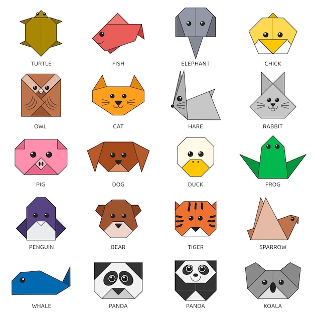 Origami vector collection of different colorful animals isolated objects on white background