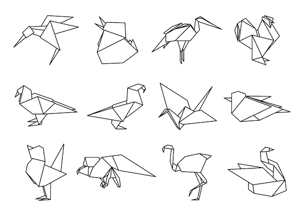 Vector origami vogels lijn stijl set