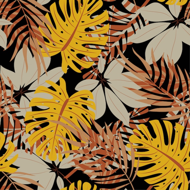 Original abstract seamless pattern with colorful tropical leaves and plants on black