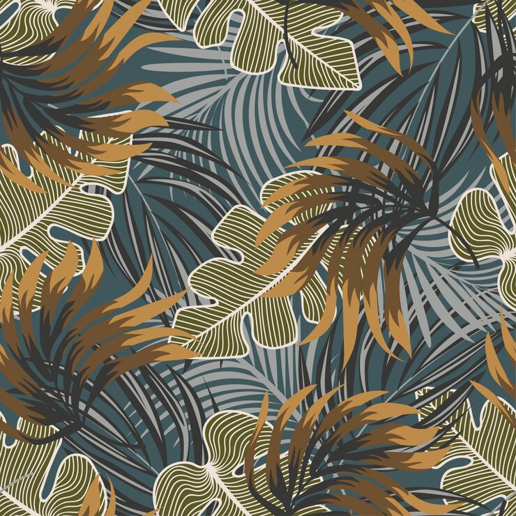 Vector original abstract seamless pattern with colorful tropical leaves and plants on blue background