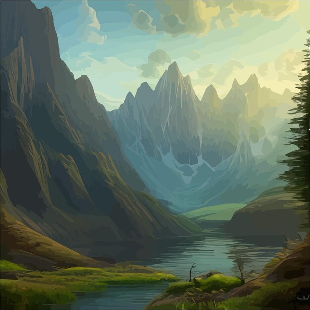 Vector original beauty spring landscape forests snowy sharp mountains and rivers on the canvas foggy sky
