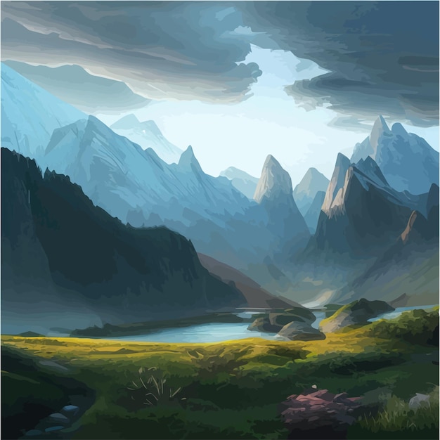 Original beauty spring landscape forests snowy sharp mountains and rivers on the canvas foggy sky