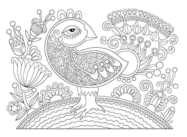塗り絵の鳥と花のオリジナルの白黒線画ページ