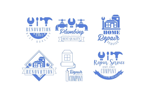 Original blue emblems for repairing companies plumbing and home renovation services vector design