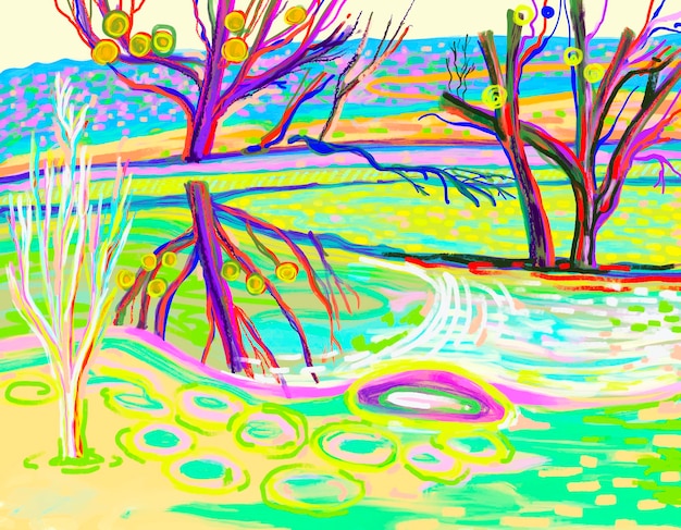 벡터 강에 나무가 있는 밝은 풍경의 원본 디지털 아트웍